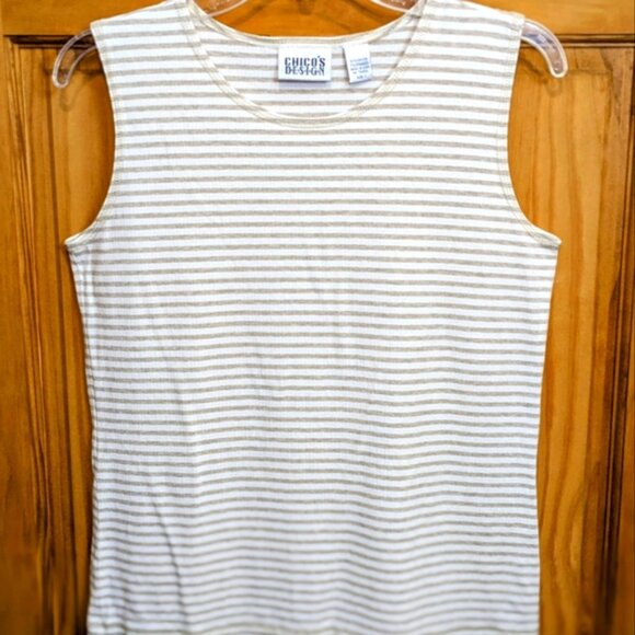 Chico’s Designs Women's Sz 3 Med Tank Top Beige Cream Stripes Sleeveless Stretch - Picture 5 of 9